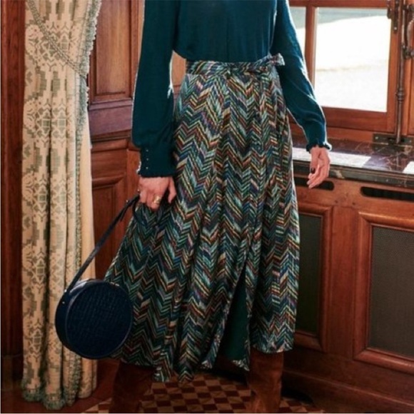 Sezane Dresses & Skirts - Sezane Skirt Bettina Silk Metallic Belted Button Chevron Green Blue Gold 34 EUC